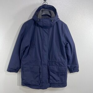 Lands End Mens Regular Medium Navy Blue Hooded Parka Jacket Polartec AirCore 200